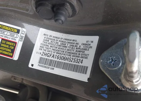 2006 Honda Civic Lx из США, поврежденный, VIN 2HGFA16506H525324